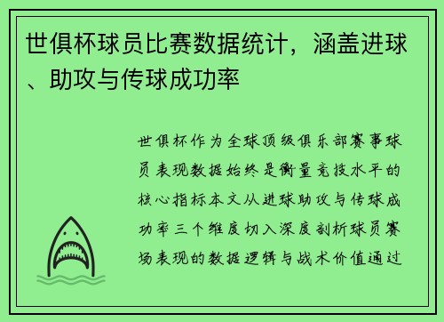 世俱杯球员比赛数据统计，涵盖进球、助攻与传球成功率