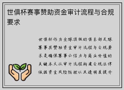 世俱杯赛事赞助资金审计流程与合规要求